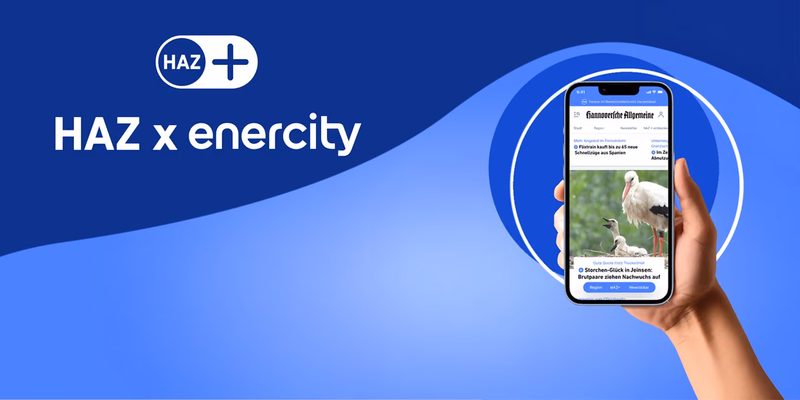 Eine Hand hält ein Smartphone mit der HAZ-App, die eine Storchen-Nachricht zeigt, vor blauem Hintergrund.