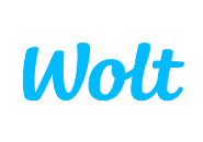 Das Logo von Wolt in leuchtendem Blau auf schwarzem Hintergrund, präsentiert die Markenidentität.