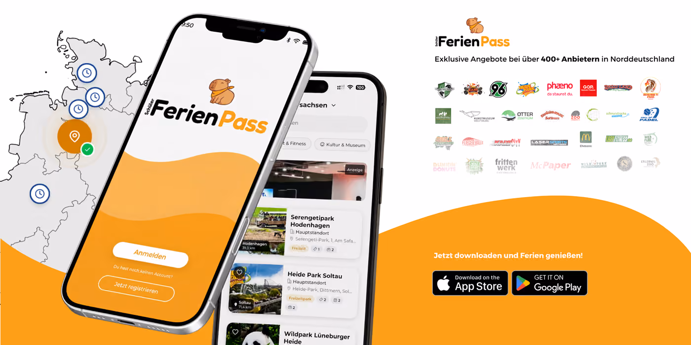 Smartphone zeigt FerienPass App mit exklusiven Angeboten von über 400 Anbietern in Norddeutschland.