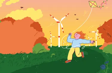 Illustrative Darstellung einer Figur, die einen Drachen steigen lässt. Im Hintergrund sind Windenergieanlagen zu sehen.