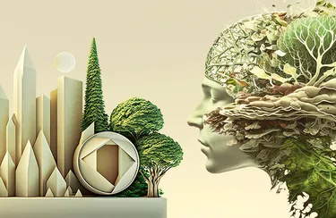 Illustration eines Gesichts und einer klimafreundlichen Architektur durch das KI-Tool Midjourney.