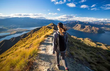 Eine junge Frau wandert auf einem Gipfelpfad, vor ihr liegt ein Panorama von Bergen und Fjorden.
