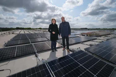 enercity-CEO Dr. Susanna Zapreva und Georg Ebeling, Geschäftsführer des gleichnamigen Logistikunternehmens präsentieren die neue PV-Anlage