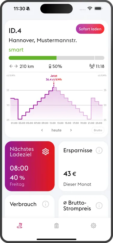 In diesem Bild ist ein Mockup der SmartCharging-App zu sehen.