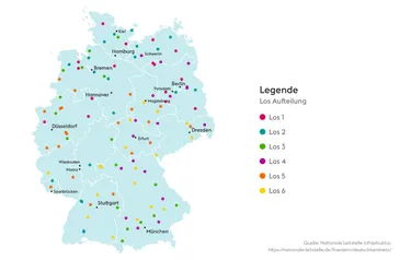 Die Karte der Nationalen Leitstelle Infrastruktur zeigt wo entlang der deutschen Autobahnen Schnellladeparks des Deutschlandnetzes entstehen sollen