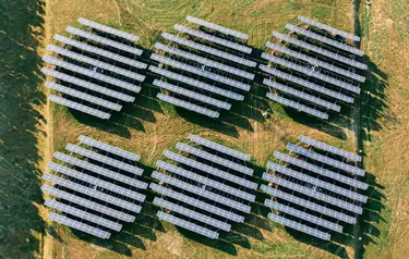 Mehrere Photovoltaik Module sind kreisförmig auf einer Wiese angeordnet