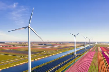 Mehrere Windkraftanlagen entlang eines Flusses und Feldern