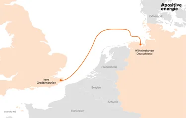 Die Grafik zeigt den Verlauf des NeuConnect Seekabels zwischen Kent in Großbritannien und Wilhelmshaven in Deutschland