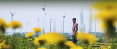 Ein Mann steht auf einer Wieso vor Windkraftanlagen