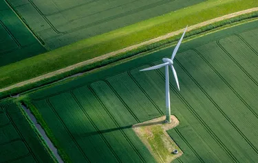 Ein Windrad auf einem grünen Feld