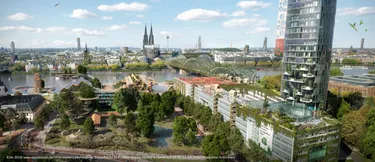 Das Bild zeigt einen möglichen Blick von der östlichen Rheinseite auf Triangle Tower, Hohenzollernbrücke und Kölner Dom im Jahr 2045.