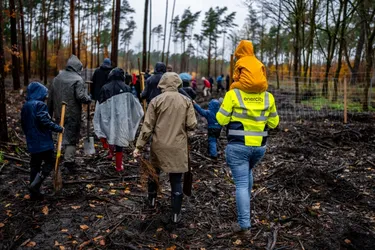 enercity-Mitarbeitende und ihre Familien auf dem Weg zur Baumpflanzaktion im Fuhrberger Feld.