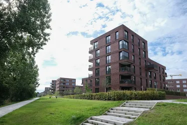 Mehrere Neubauten von Mehrfamilienhäusern in der Wasserstadt Limmer, vor einer grünen Wiese.