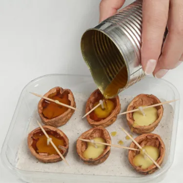 Das Bild zeigt den wichtigsten Schritt: Flüssiges Wachs in die Nussschale gießen und zusammen mit dem Docht antrocknen lassen.