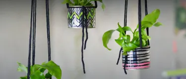 Upcycling- Bastelidee für Kids: Blechdosen-Blumenampeln: Das Bild zeigt fertig gebastelte Pflanztöpfe aus Konservendosen.