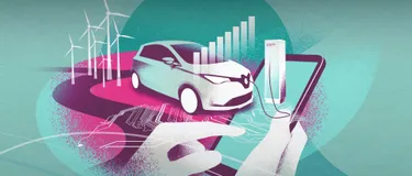 Elektromobilität. Diese Illustration zeigt ein Elektroauto mit Ladesäule und einem Windpark im Hintergrund.