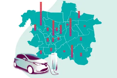 Diese Illustration zeigt ein Elektroauto, welches gerade lädt und eine Karte, die zeigt, in welcher Stadt enercity wie viele öffentliche Ladepunkte errichtet hat. 