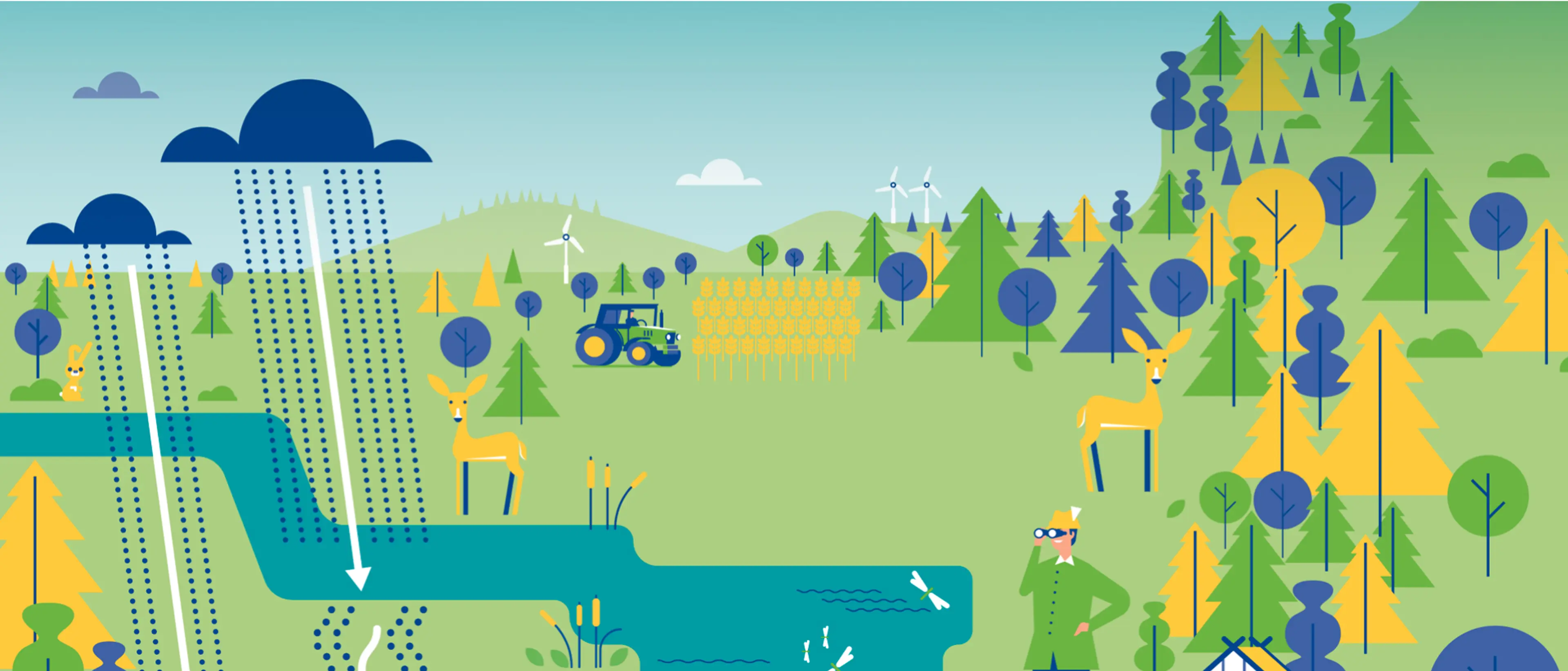 Dieses Bild zeigt eine Wiese, auf der Bäume und Tannen in grün und blau stehen. Es sind auch Rehe zu sehen und ein Traktor.