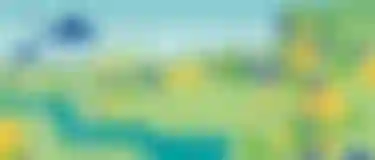 Dieses Bild zeigt eine Wiese, auf der Bäume und Tannen in grün und blau stehen. Es sind auch Rehe zu sehen und ein Traktor.
