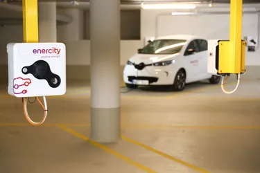 enercity-Ladepunkte in der Tiefgarage eines Mehrfamilienhauses in Hannover.
