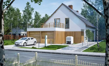 Eigene Produktion: Das Bild zeigt ein modernes Haus mit E-Ladestation und Solaranlage.