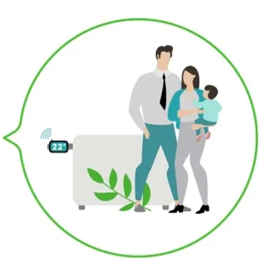 Heizung: Die Zeichnung zeigt eine junge Familie mit einer modernen Heizungssteuerung