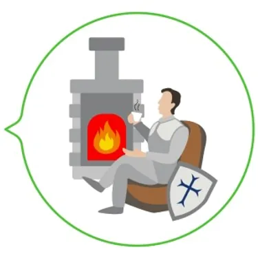 Kamin: Die Zeichnung zeigt einen Ritter, der vor einem Kamin sitzt