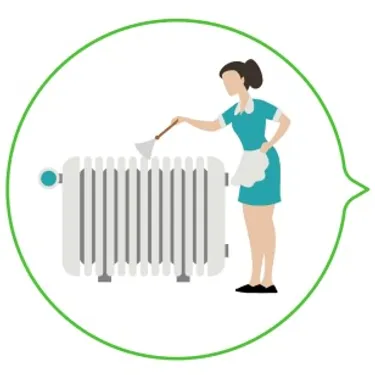 Zentralheizung: Die Zeichnung zeigt eine Reinigungskraft, die einen Heizkörper abfegt