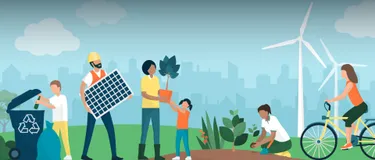 Nachhaltige Neujahrsvorsätze vom enercity Magazin. Das Bild zeigt eine Illustration einer grünen Stadt: Windräder, fahrradfahrende Menschen, Solaranlagen und Recycling.