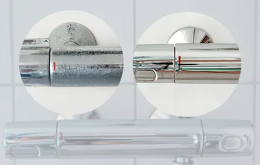 A calcified bathroom faucet next to a cleaned one.