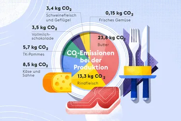 Nachhaltige Ernährung & CO₂-Bilanz von Lebensmitteln: Die Grafik zeigt mehrere Lebensmittel, die eine hohe CO2 Bilanz aufweisen, wie Fleisch oder Käse.
