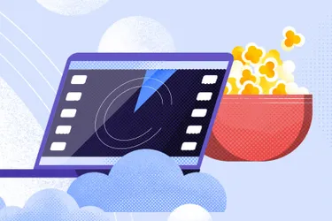 Streaming Stromverbrauch: So streamen Sie nachhaltig. Das Bild zeigt eine Illustration eines Laptops, auf dem gerade gestreamt wird, und Popcorn.