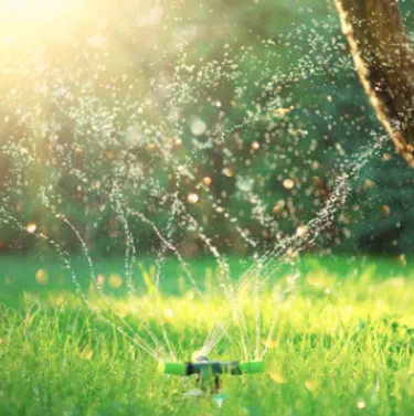 Bewässerungssysteme helfen, den Wasserverbrauch gering zu halten. Das Bild zeigt eine moderne, aber einfache Sprinkleranlage.