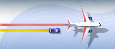 Nachhaltige Mobilität: Bewusst reisen und fortbewegen. Das Bild zeigt ein Flugzeug und ein Auto, zwei häufig genutzte Verkehrsmittel der Menschen.
