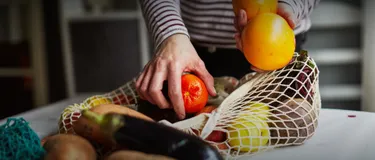 Plastik vermeiden. Dieses Bild zeigt einen Netzbeutel aus Stoff, in dem verschiedenes Obst und Gemüse ist.