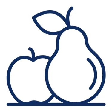Lebensmittel unverpackt. Dieses Icon zeigt einen Apfel und eine Birne in Blau.