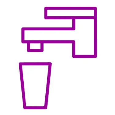 Wasser aus der Leitung. Dieses Icon zeigt einen lila-farbigen Wasserhahn und ein Glas.