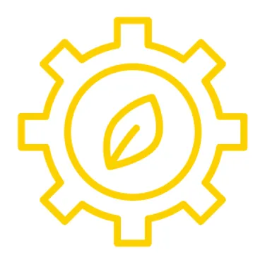 Upcyceln. Dieses Icon zeigt ein gelbes Zahnrad mit einem Blatt in der Mitte.