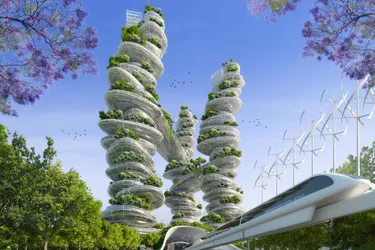 Dieses Bild zeigt eine Animation einer smarten Stadt. Zu sehen sind hohe Glashäuser, die aussehen, wie aufeinander gestapelte flache Steine.