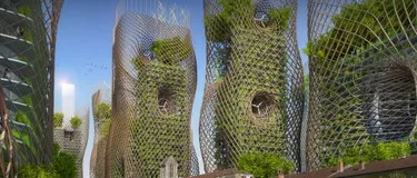 Dieses Bild zeigt ein zukunftsorientiertes, abstraktes Belüftungssystem. Zu sehen sind mehrere stahlähnliche Körper, in denen Bäume hochwachsen und Ventilatoren eingelassen sind.