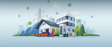 Smart Grid. Dieses Bild zeigt eine Illustration einer Stadt mit verschiedenen Energieproduzenten.