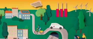 Dieses Bild zeigt eine Illustration, auf der eine Person auf dem Fahrrad zu sehen ist, sowie ein Elektroauto und verschiedene Kraftwerke.