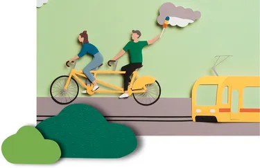 Dieses Bild zeigt eine Illustration, auf der zwei Personen mit einem Tandem-Fahrrad fahren. Im Vordergrund ist eine Straßenbahn zu sehen.