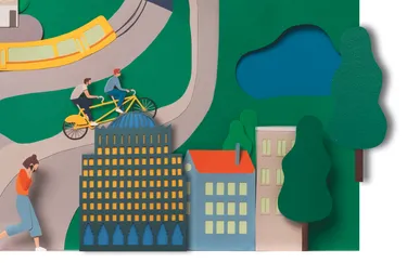 Dieses Bild zeigt eine Illustration, auf der zwei Personen mit einem Tandem-Fahrrad durch einen grünen Stadtpark fahren.