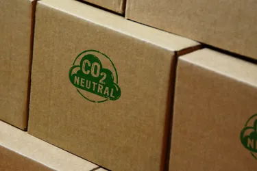 Als CO2-neutral gekennzeichnete Produkte gleichen Kohlendioxidemissionen aus: das Bild zeigt einen Karton, der mit "CO2 neutral" markiert ist.