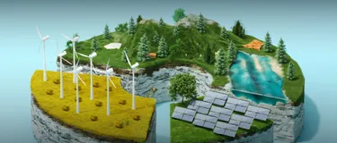 Was ist Ökostrom und wie wird er produziert? Das Bild zeigt verschiedene Energiegewinnungsmethoden: Windkraft, Solarenergie und Wasserkraft.