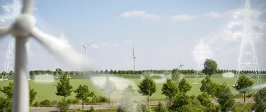 Foto einer Landschaft mit Windkraftanlagen, in das die Renderings zweier Batteriespeicher einer Agri-PV-Anlage, einer Biogasanlage und zweier Strommasten integriert wurden.