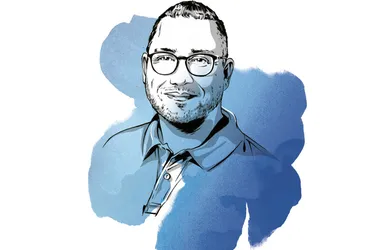 Das Porträt von Dirk Kirchberg stilisiert in blauer Wasserfarbe