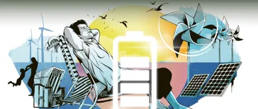 In der Grafik werden verschiedene Bildelemente als Collage miteinander vereint: Im Vordergrund sitzt ein Mann auf einem Liegestuhl und entspannt sich. Links hinter ihm befinden sich ein Strandkorb, ein klappbarer Liegestuhl, eine aufblasbare Palme, der Schatten von einem Elternteil, der mit seinem Kind spielt und die Schemen von Windkraftanlagen. Rechts im Hintergrund befinden sich Solarmodule und Windräder aus Papier. Ganz im Vordergrund ist das Icon einer fast vollständig aufgeladenen Batterie zu sehen. Die gesamte Grafik ist in den Farben weiß, blau, gelb und rosa gehalten.