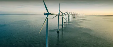 Mehrere Windkraftanlagen ragen in einer Reihe aus dem Meer hinaus.